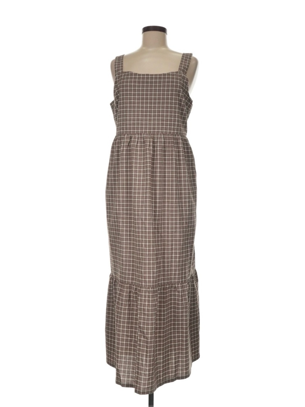 Checked Brown Square-Neck Maxi Dress